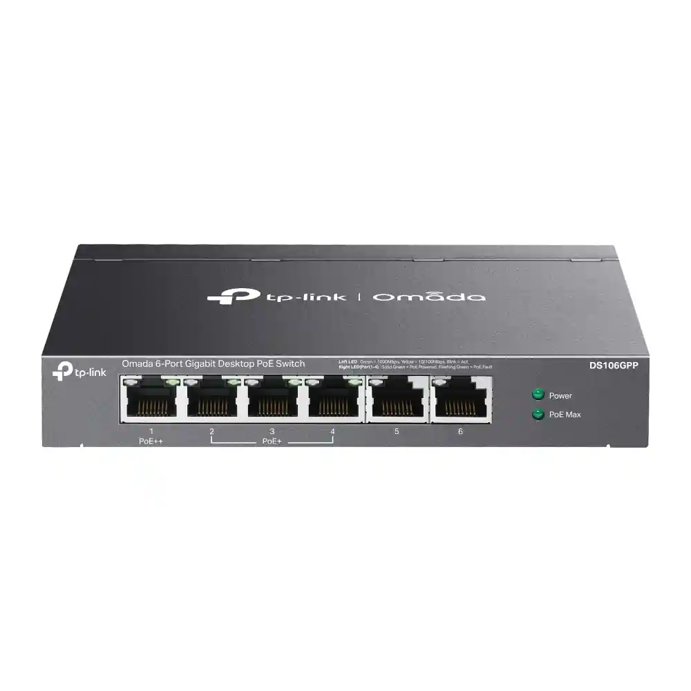 Omada 6-Port Gigabit Unmanaged Desktop Switch with 3-Port PoE+ and 1-Port PoE++ DS106GPP Omada 6-Port Gigabit Unmanaged Desktop Switch with 3-Port PoE+ and 1-Port PoE++ DS106GPP
