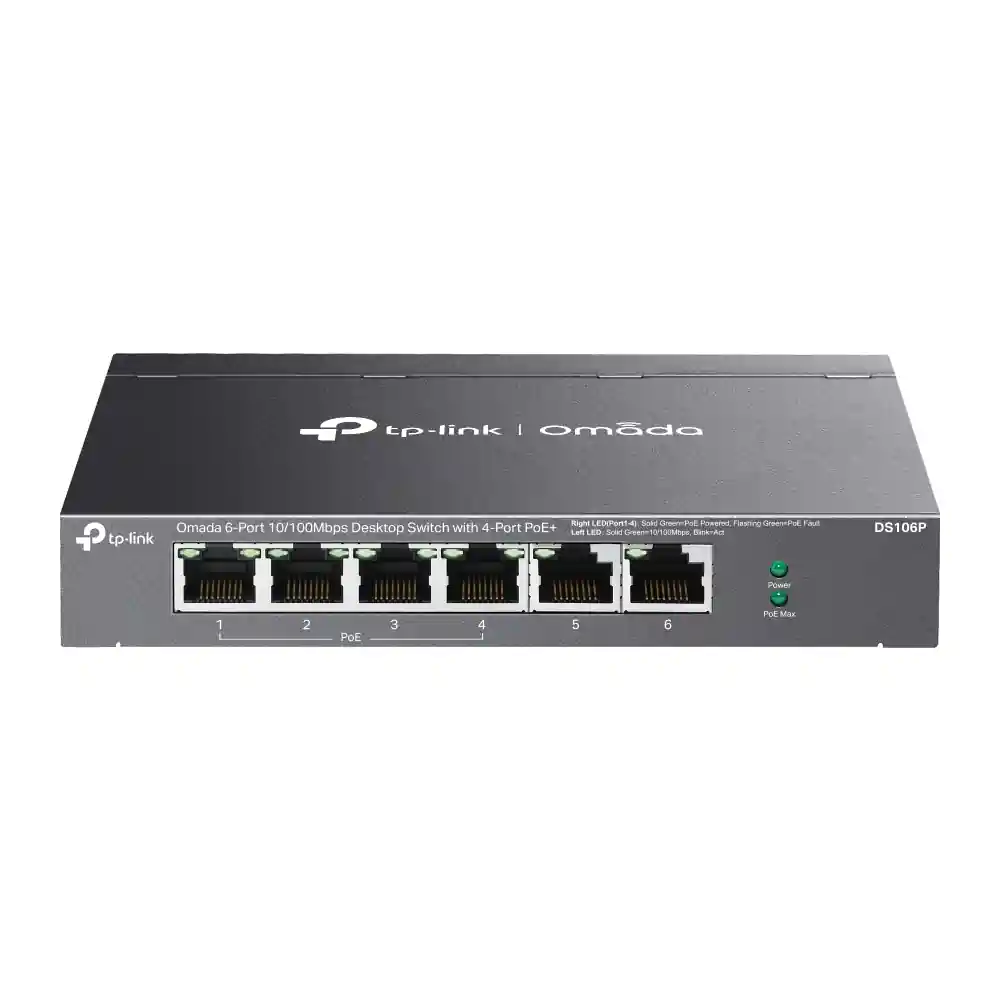Omada 6-Port 10/100Mbps Unmanaged Desktop Switch with 4-Port PoE+ DS106P Omada 6-Port 10/100Mbps Unmanaged Desktop Switch with 4-Port PoE+ DS106P