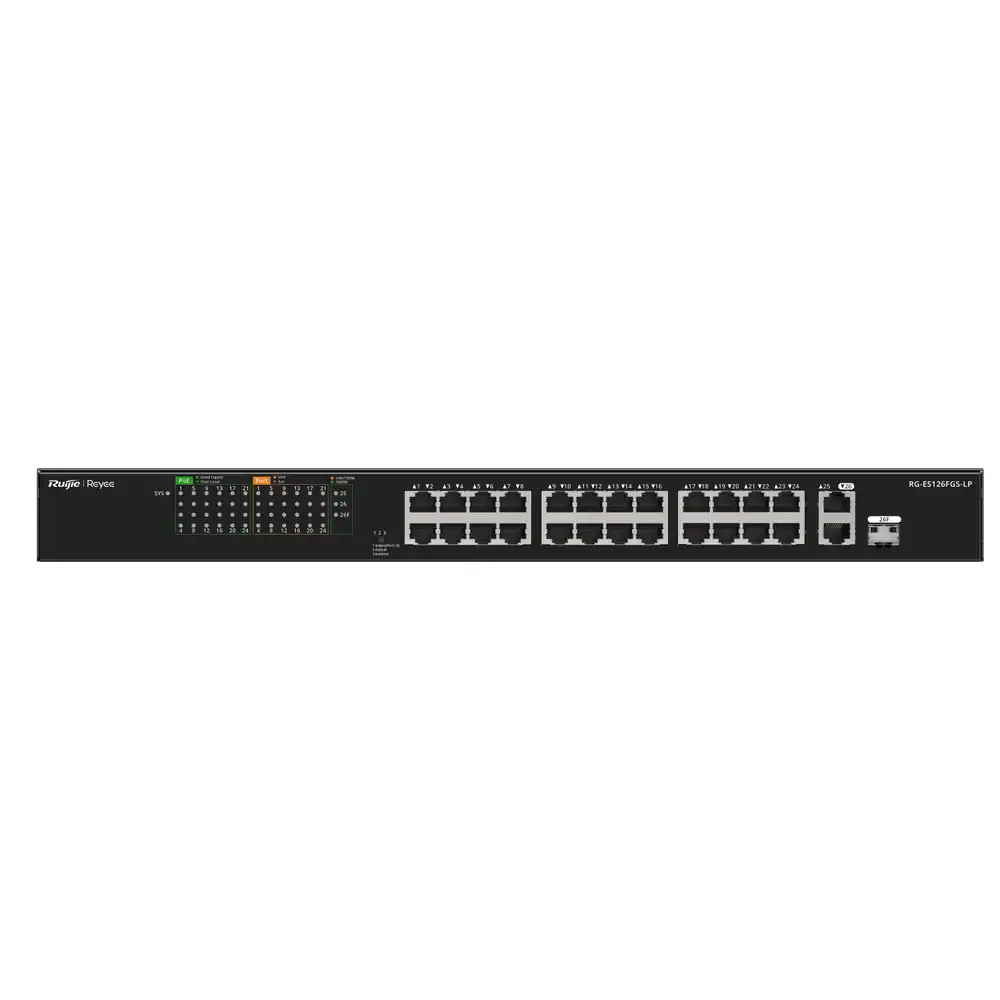 Reyee 24-Port 10/100 Mbps with 2-Port Gigabit Unmanaged PoE Switch RG-ES126FGS-LP Reyee 24-Port 10/100 Mbps with 2-Port Gigabit Unmanaged PoE Switch RG-ES126FGS-LP